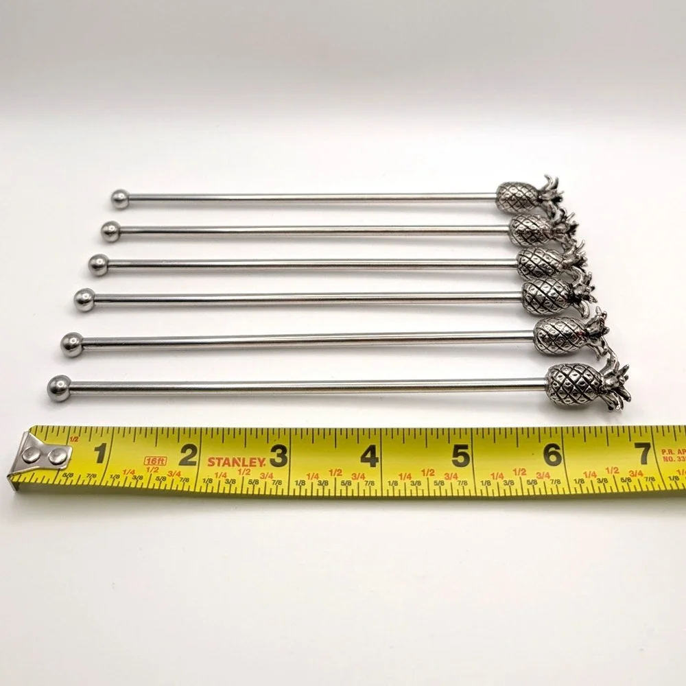 Pineapple Cocktail Stirrers Silver Tone Tiki Metal Swizzle Sticks Set of 6